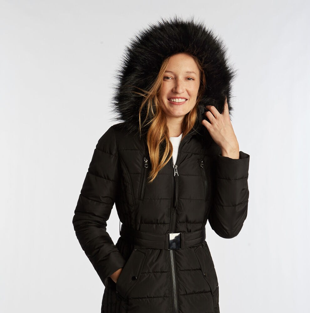 WOMEN'S QUILTED BELTED COAT,True Black,large