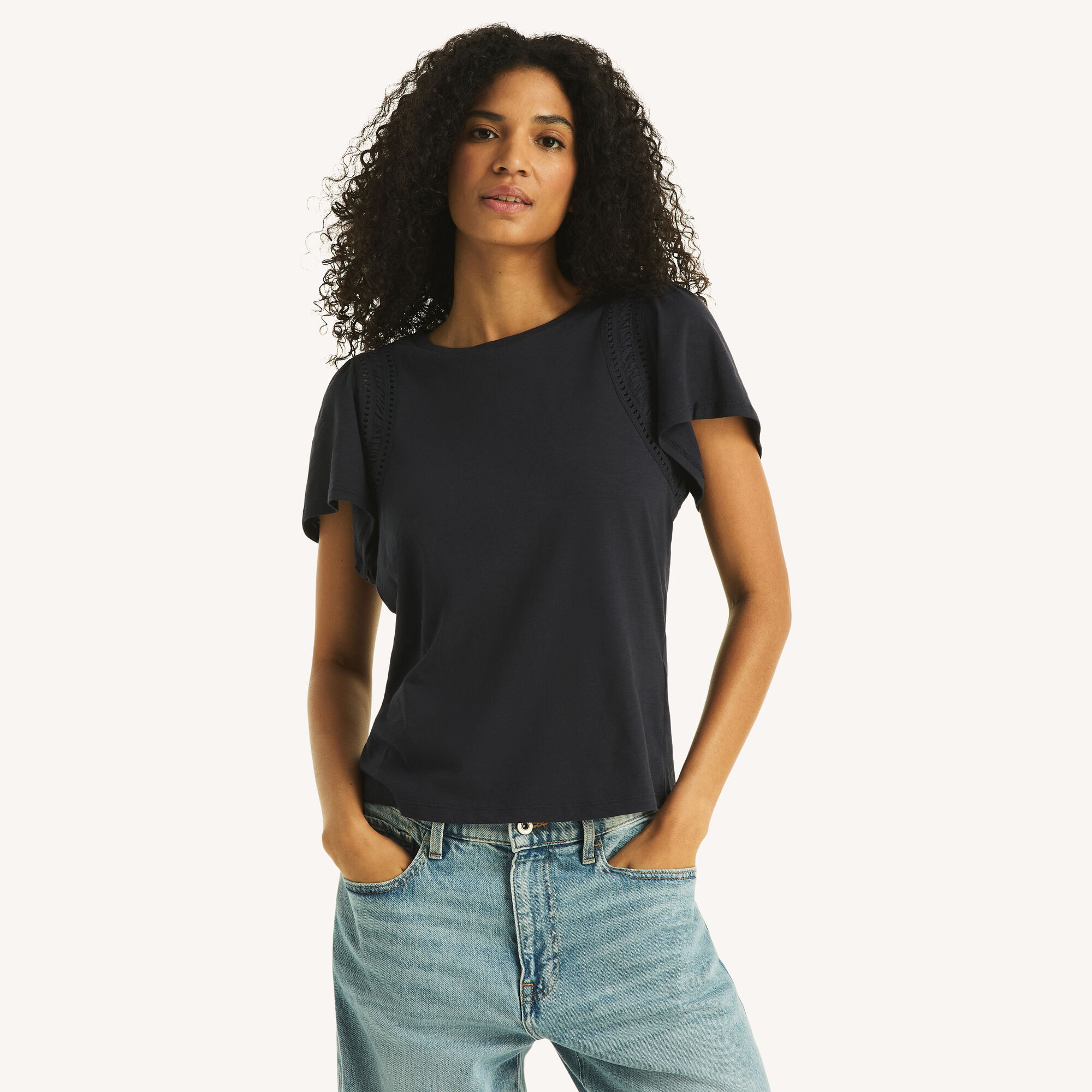 Flutter Sleeve Tee,Navy,large