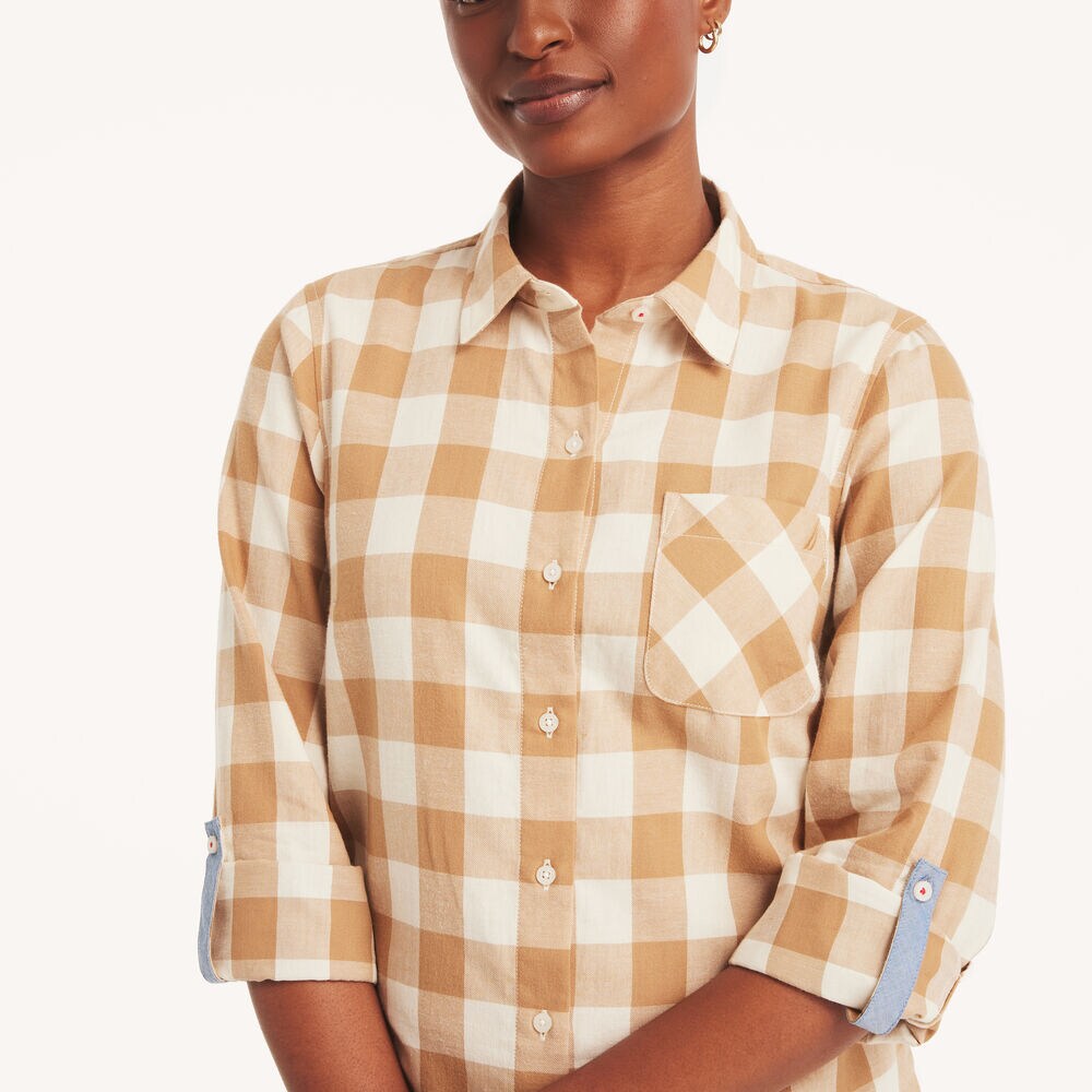 Checkered Button-Down Shirt,Coastal Tan,large