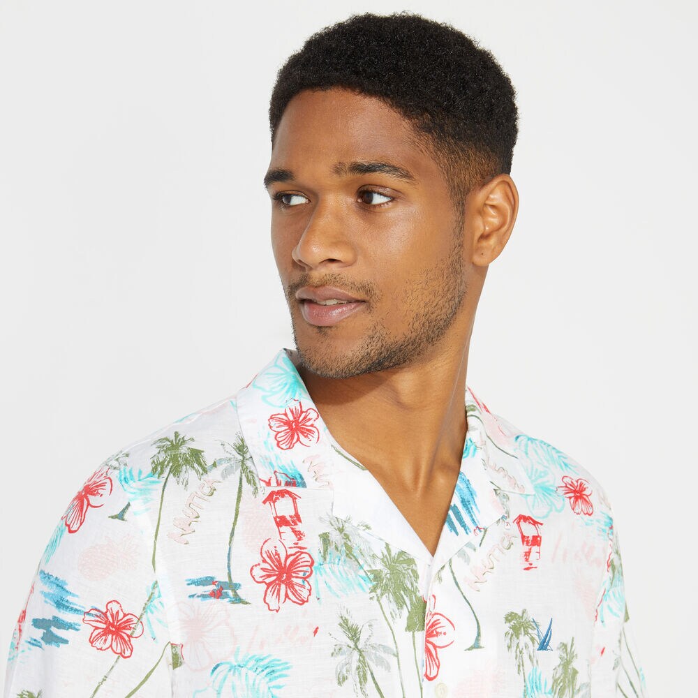 TROPICAL PRINT SHORT SLEEVE LINEN SHIRT,Bright White,large