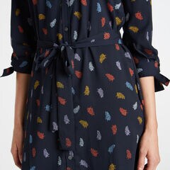 THREE-QUARTER SLEEVE LEAF PRINT BUTTON UP DRESS,Stellar Blue Heather,large