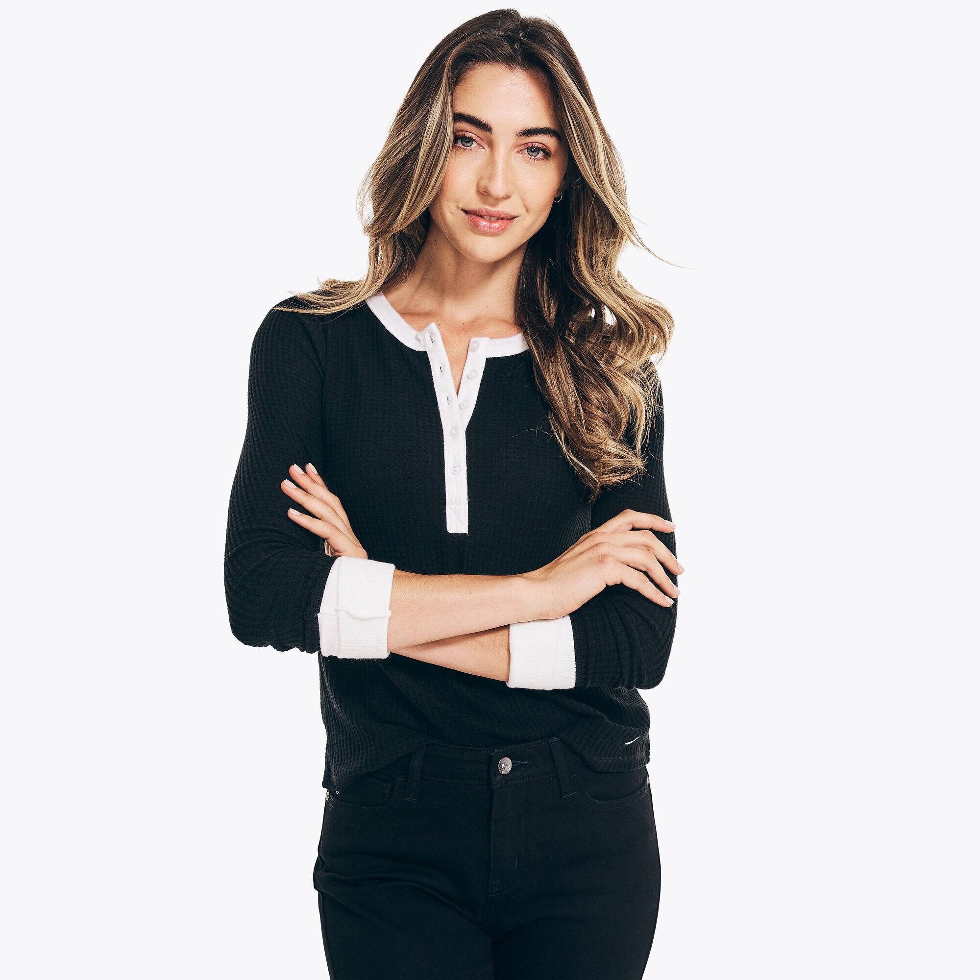 TEXTURED COLORBLOCK HENLEY,True Black,large