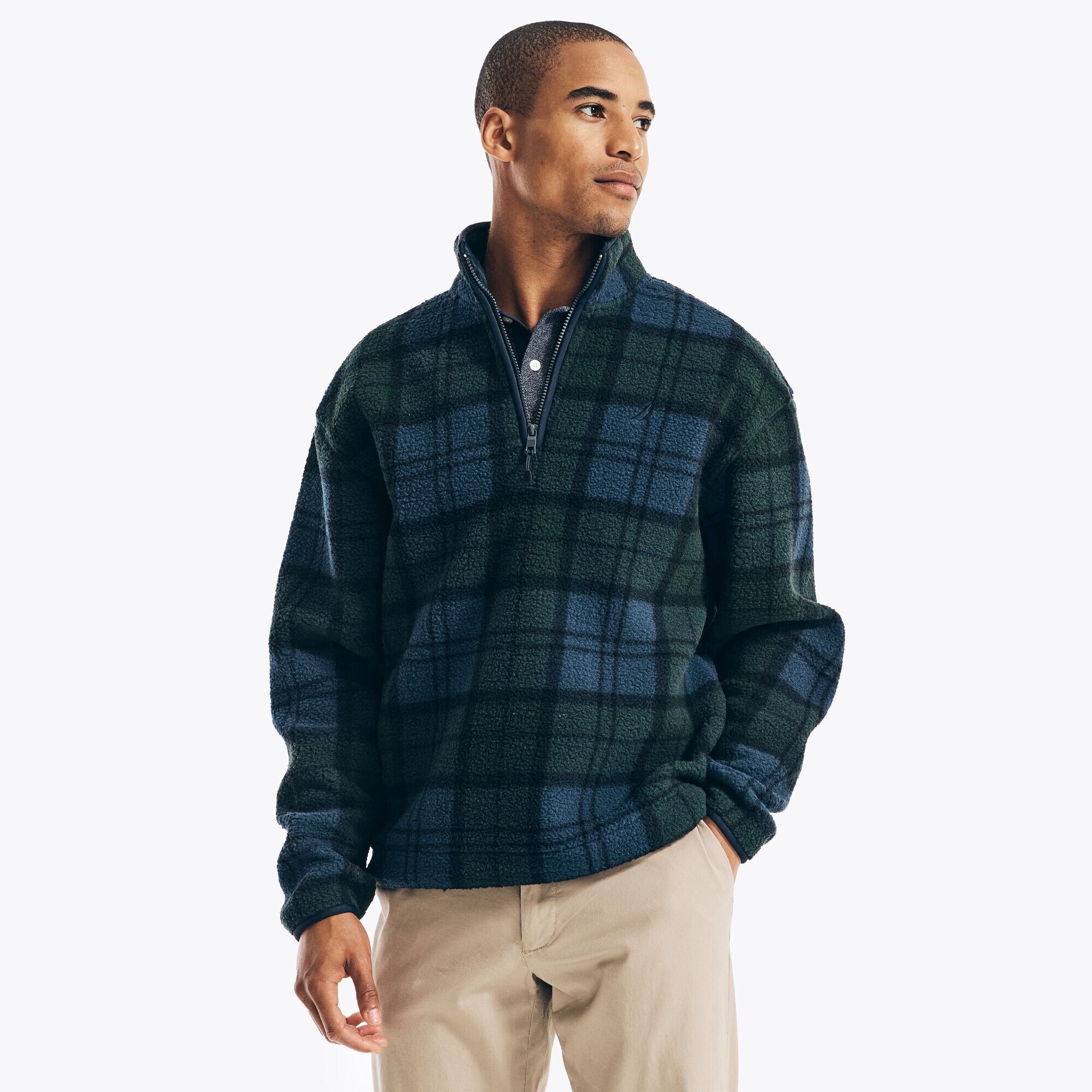 PLAID QUARTER-ZIP SHERPA FLEECE,Green,large