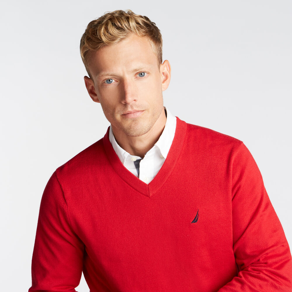 NAVTECH V-NECK SWEATER,Nautica Red,large