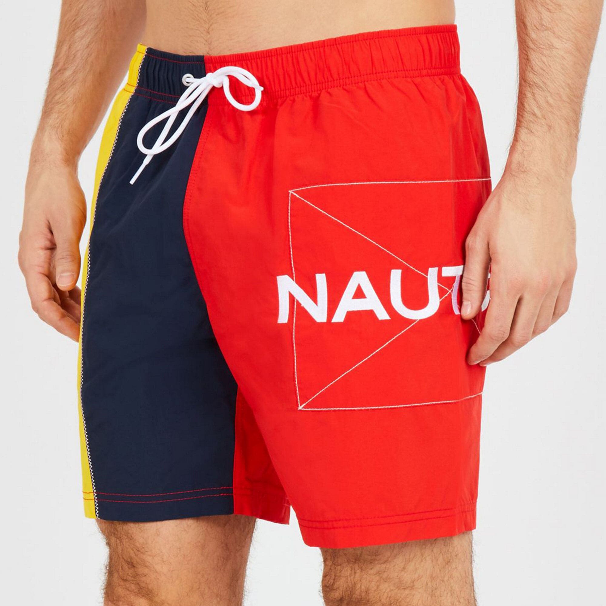 Colorblock Patchwork Swim Trunks,Sunrise Red,large