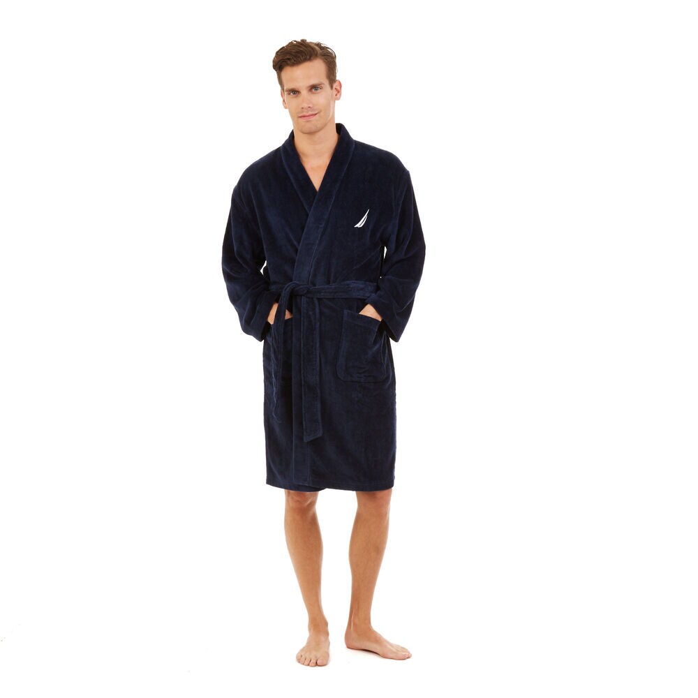 Terry Velour Belted Robe,Peacoat,large
