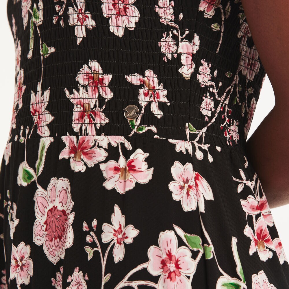 Floral Print Smocked Dress,True Black,large