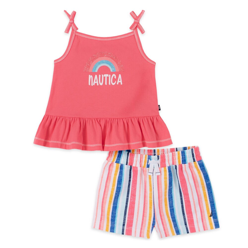 TODDLER GIRLS' BOW-ACCENTED GRAPHIC SLEEVELESS TOP 2PC SHORT SET (2T-4T),Pink,large