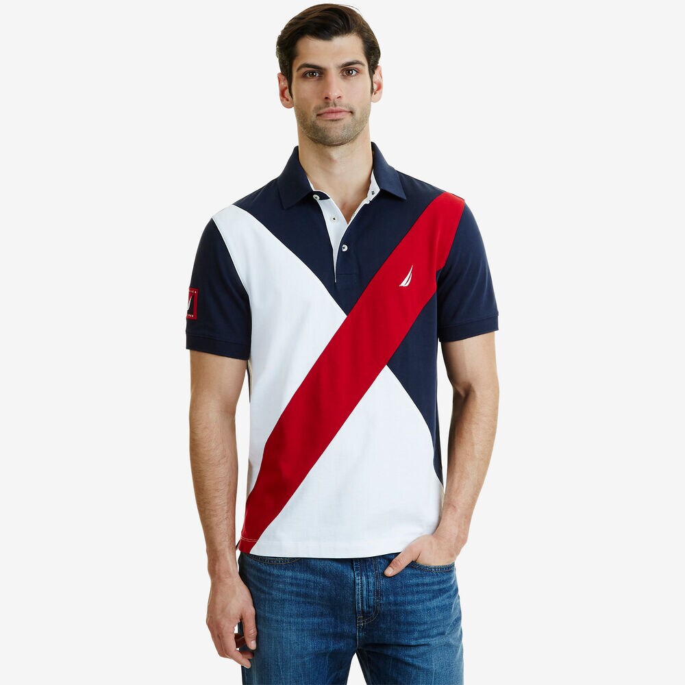 Classic Fit Diagonal Color Block Polo Shirt,Navy,large