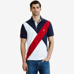 Classic Fit Diagonal Color Block Polo Shirt,Navy,large