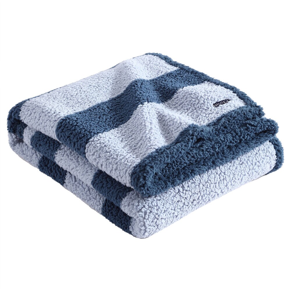 LAWNDALE BLUE STRIPED FAUX SHEARLING THROW BLANKET,Classic Blue,large