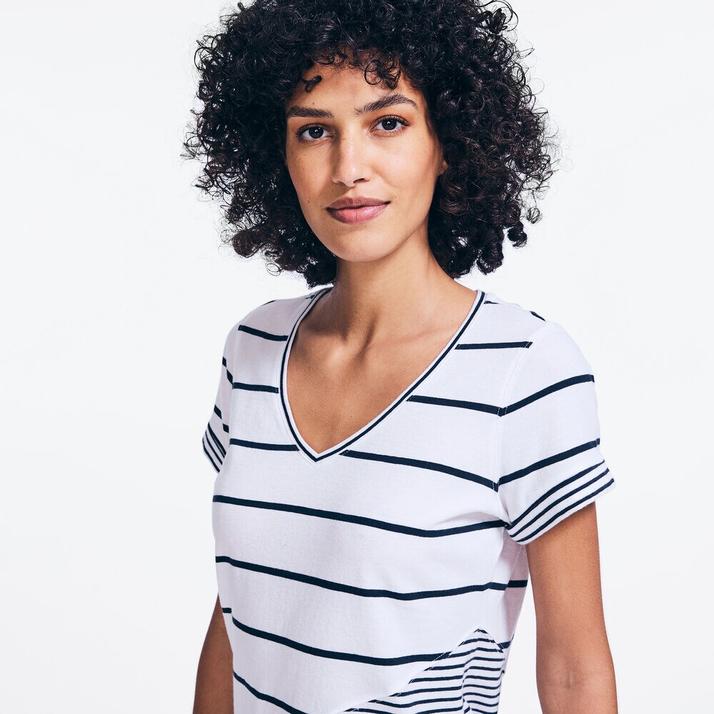 STRIPED V-NECK TOP,Stellar Blue Heather,large