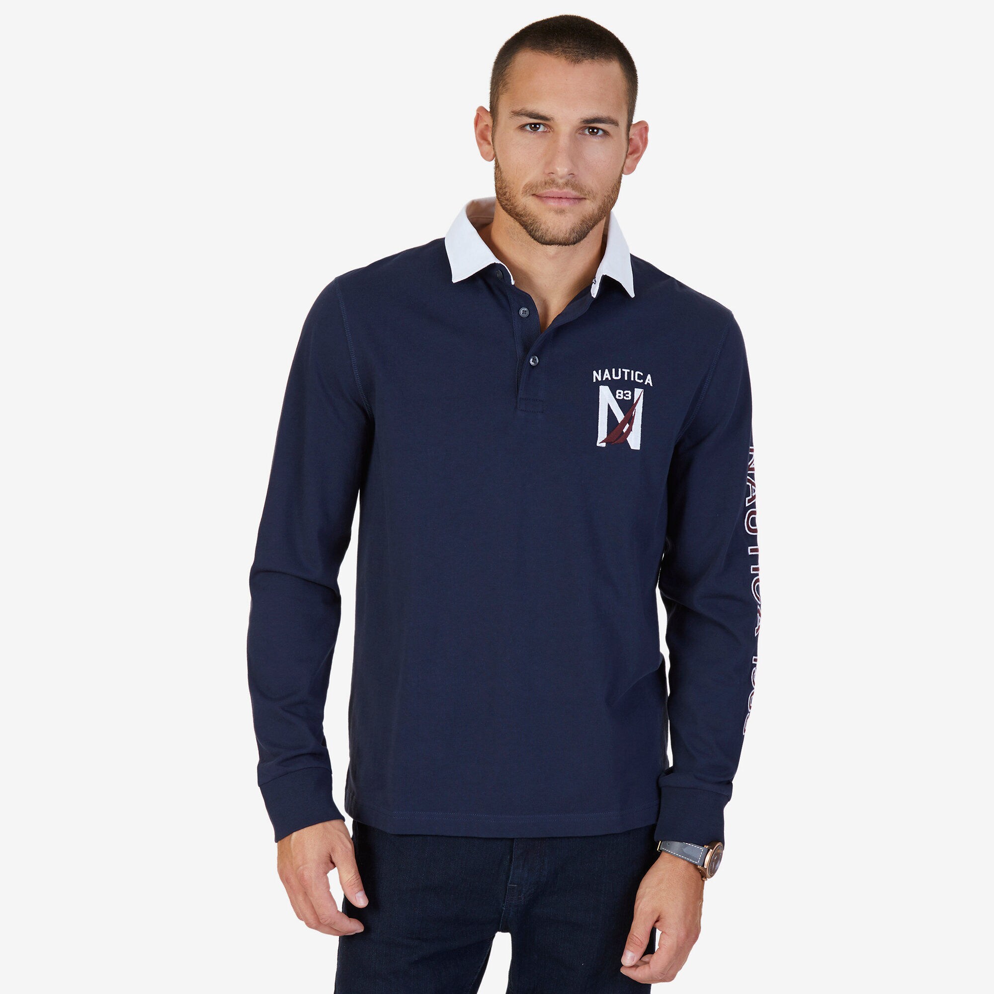 Classic Fit Long Sleeve Logo Polo Shirt,Navy,large