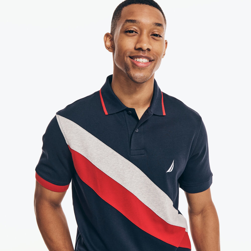 CLASSIC FIT DIAGONAL-STRIPE PREMIUM COTTON POLO,Navy,large