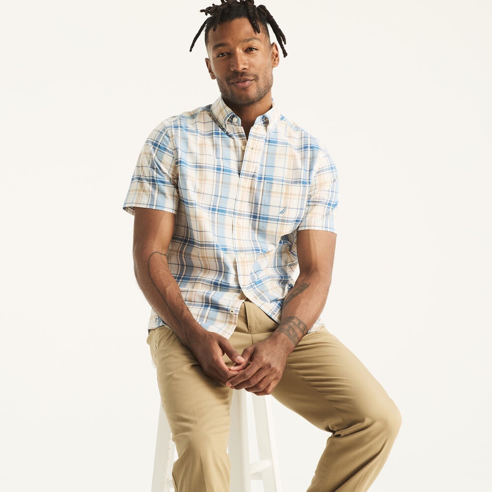 Sustainably Crafted Plaid Short-Sleeve Shirt,Bright White,large