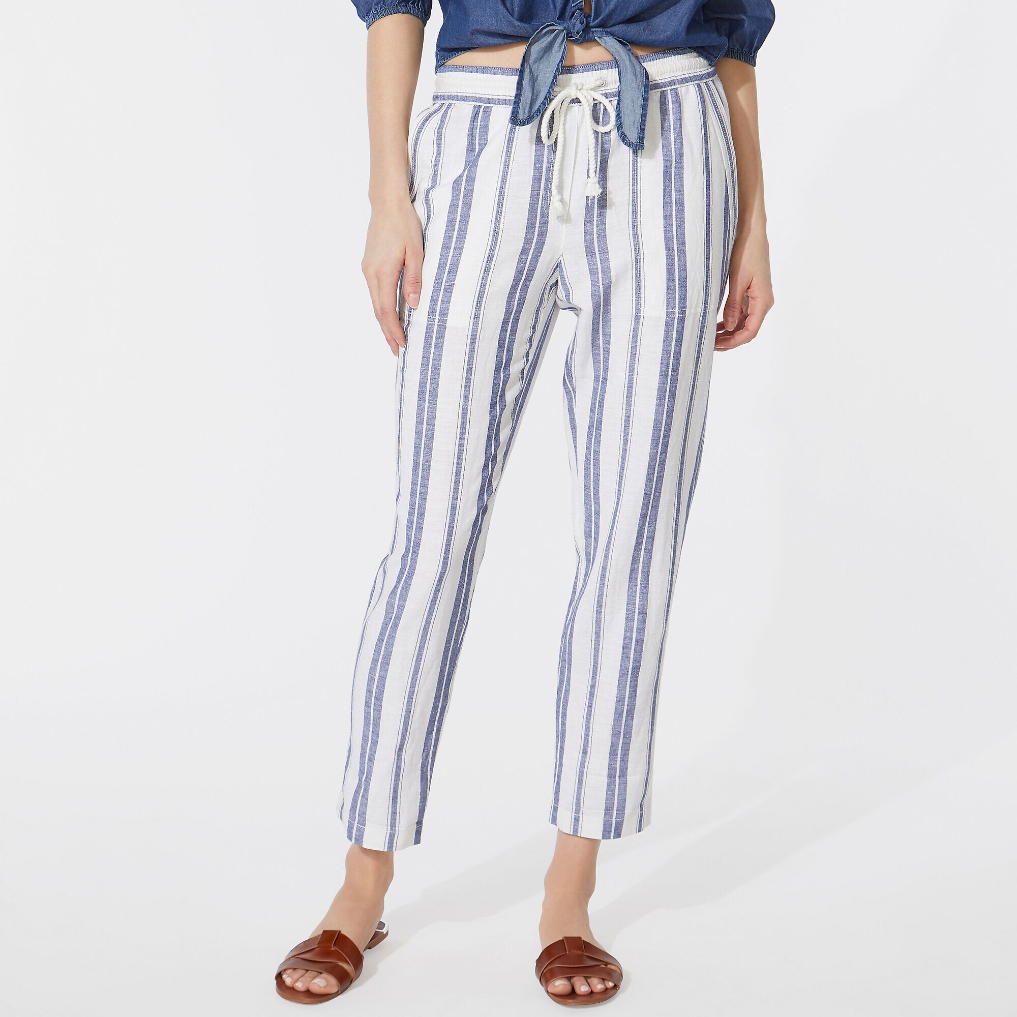 NAUTICA JEANS CO. LINEN STRIPED CROPPED PANT,Blue Depths,large