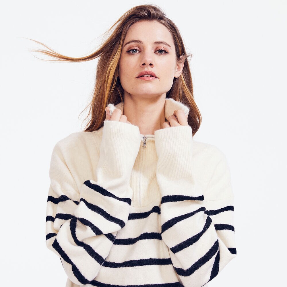 STRIPED QUARTER-ZIP SWEATER,Marshmallow,large