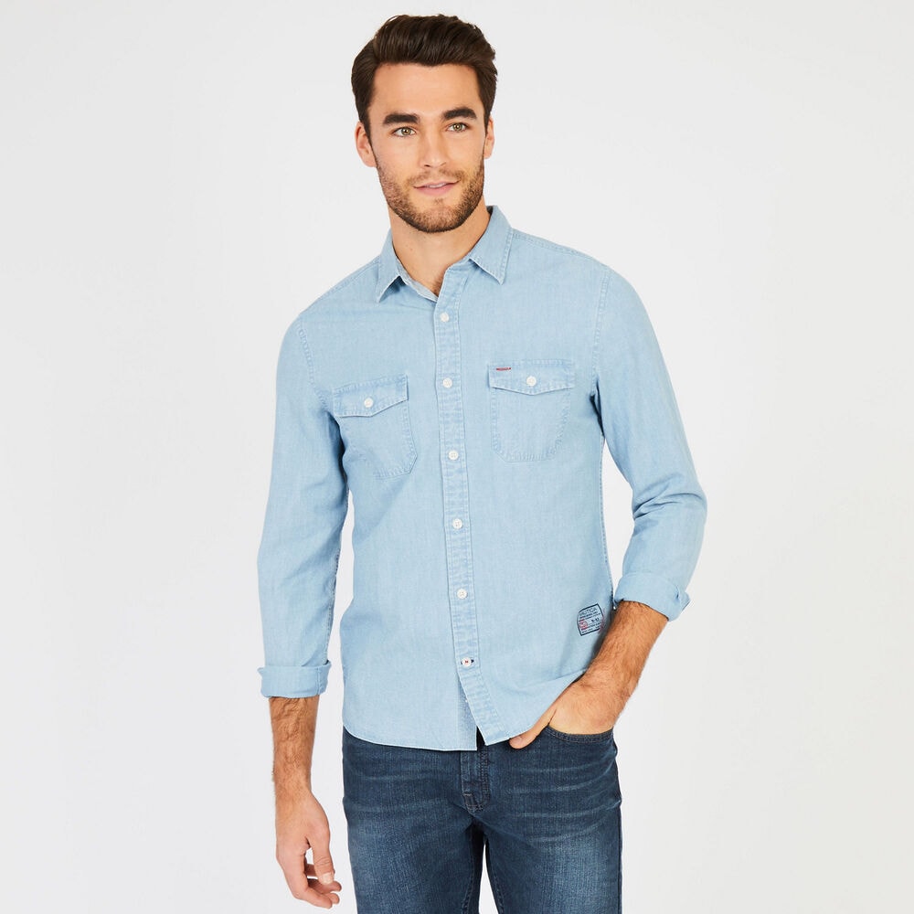 Slim Fit Long Sleeve Denim Button-Down Shirt ,Charcoal Blue Heather,large
