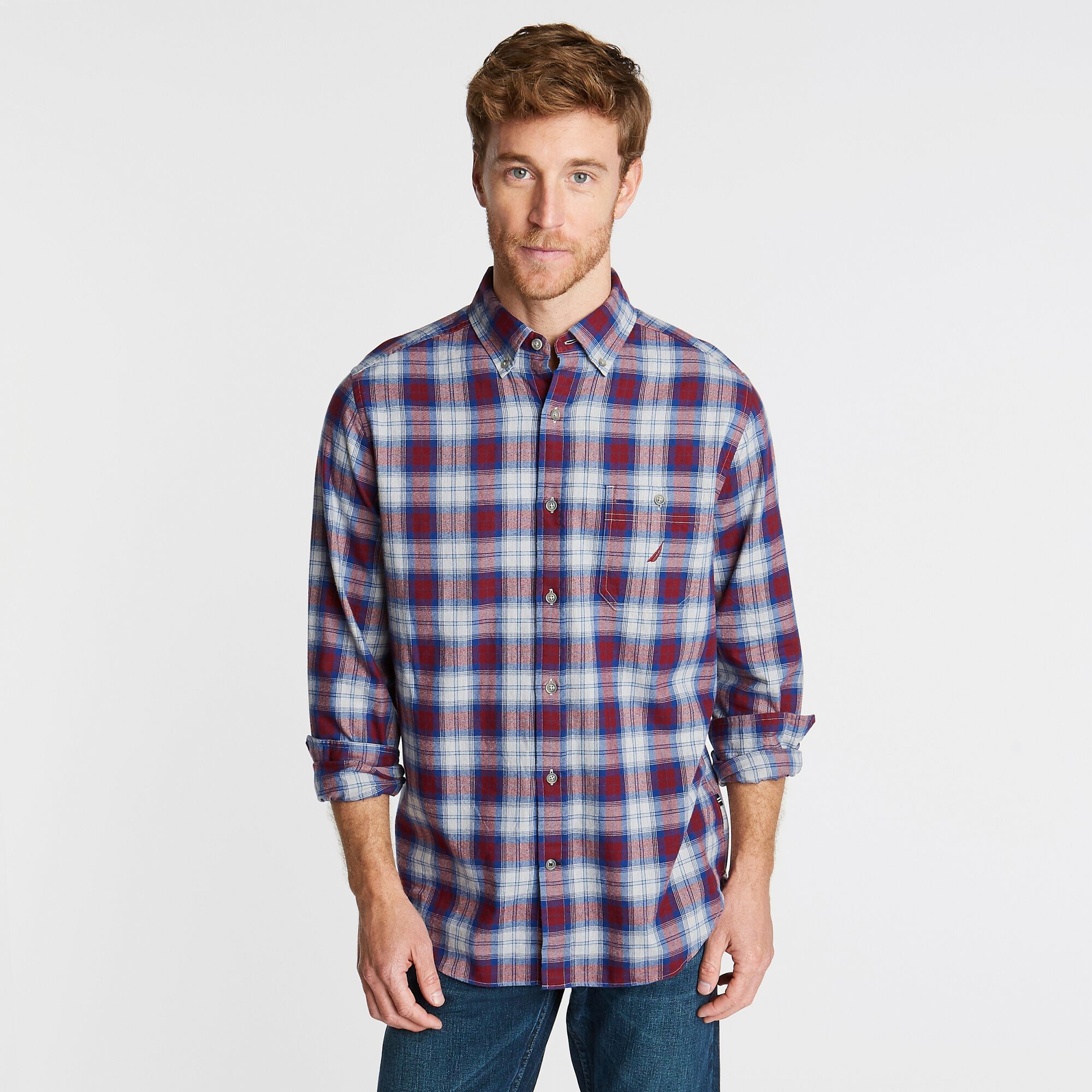 BIG & TALL PLAID LONG-SLEEVE SHIRT,Zinfandel,large