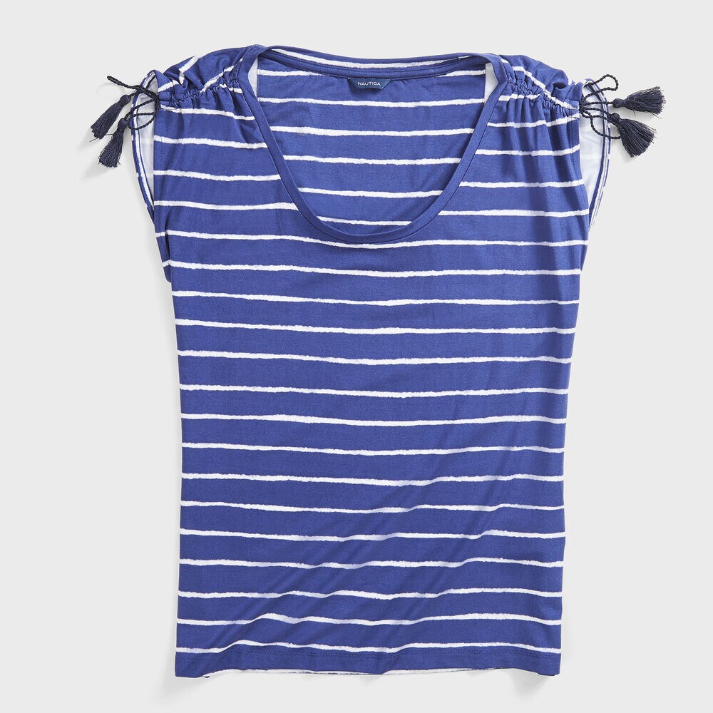 STRIPE TASSEL-DETAIL KNIT TOP,Blue Depths,large
