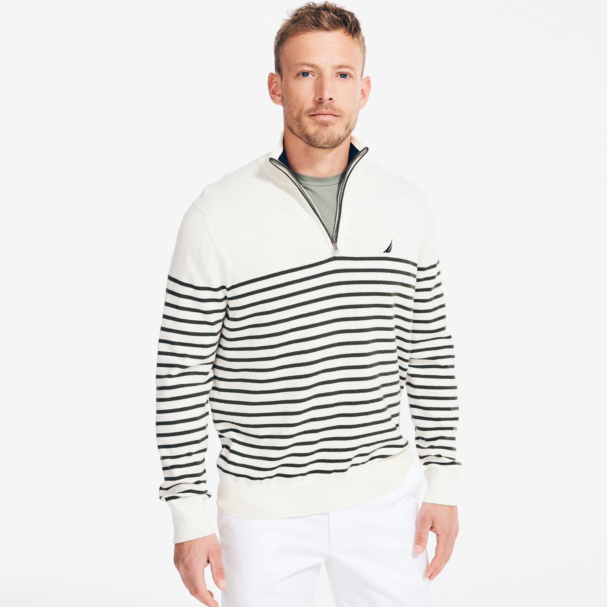 NAVTECH STRIPED QUARTER-ZIP SWEATER,Sail Cream,large