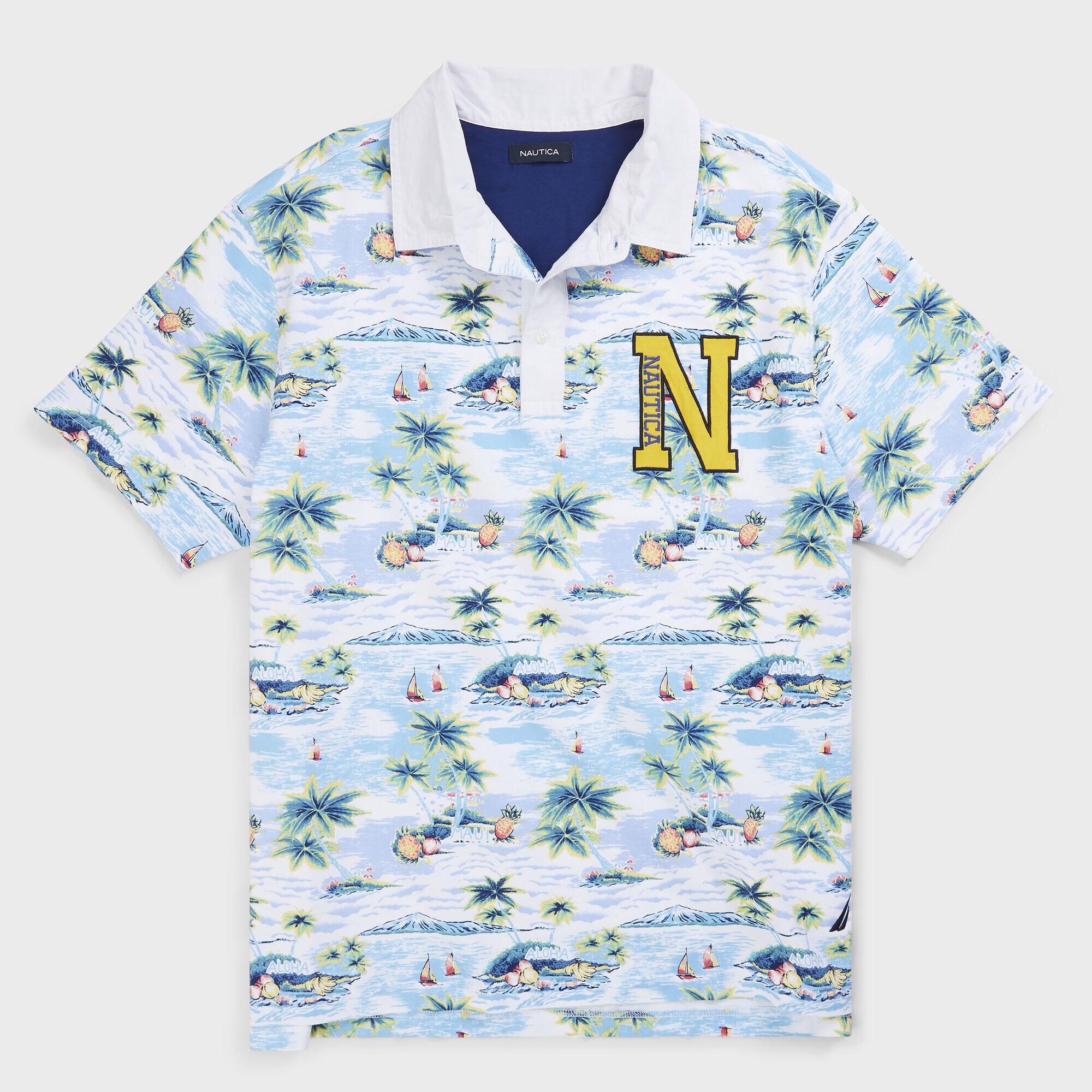 Big & Tall Jersey Polo in Aloha Print,Bright White,large