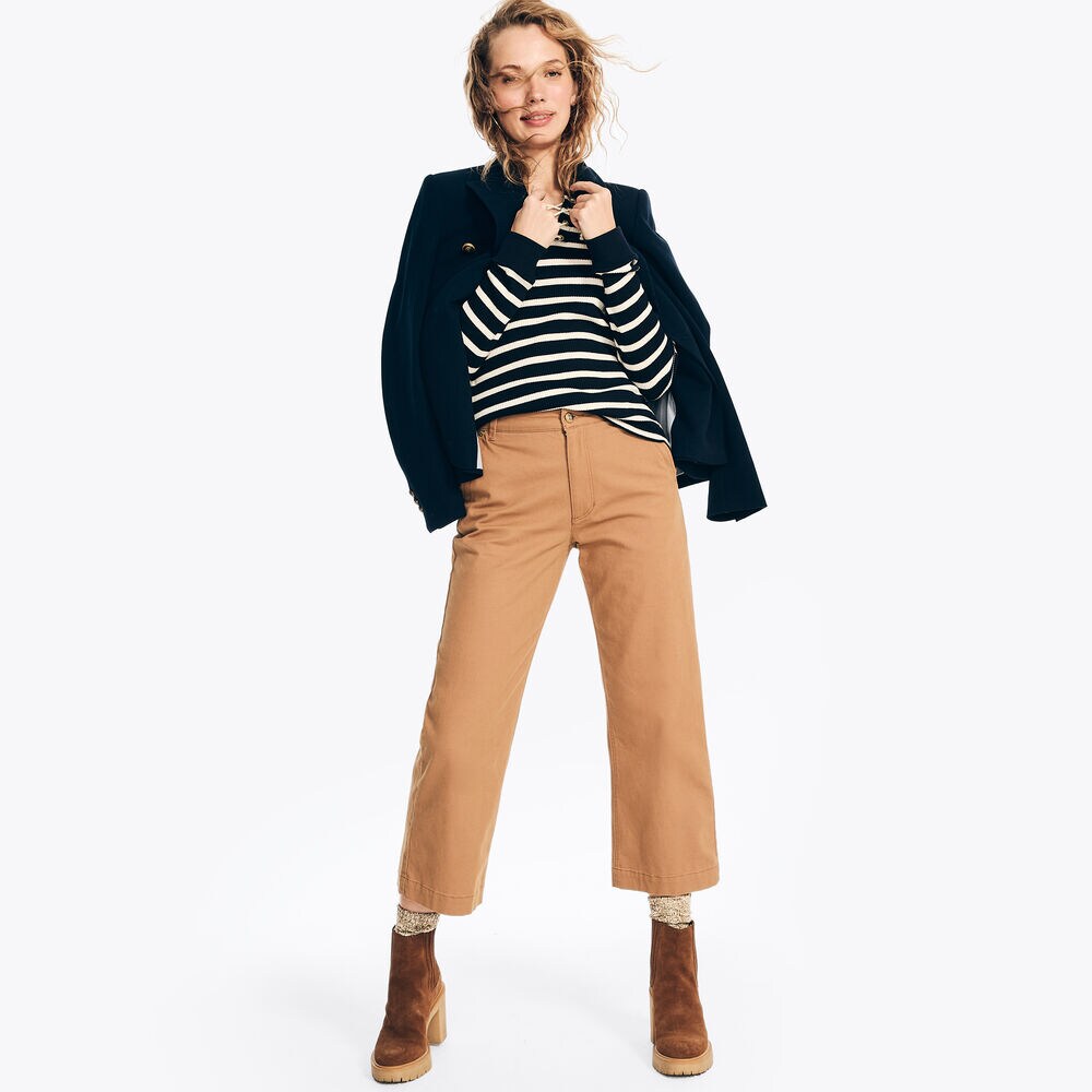 Striped Long-Sleeve Rib-Knit Top,Stellar Blue Heather,large