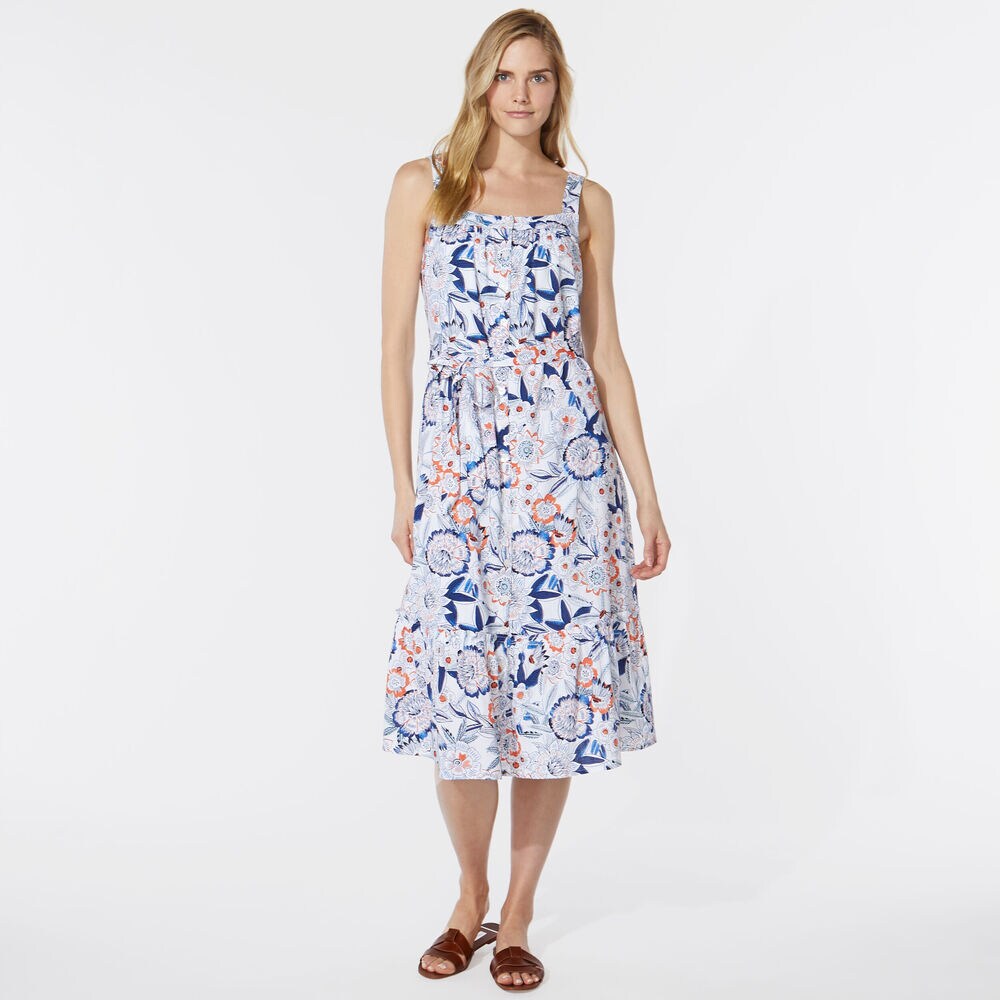 FLORAL PRINT SLEEVELESS DRESS,Bright White,large