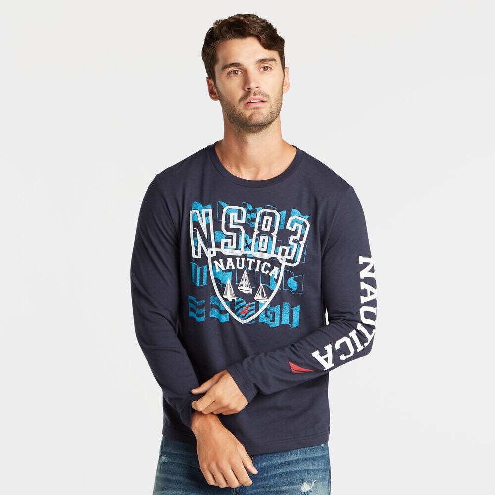 LAYERED LOGO AND FLAG GRAPHIC LONG SLEEVE T-SHIRT,Navy,large