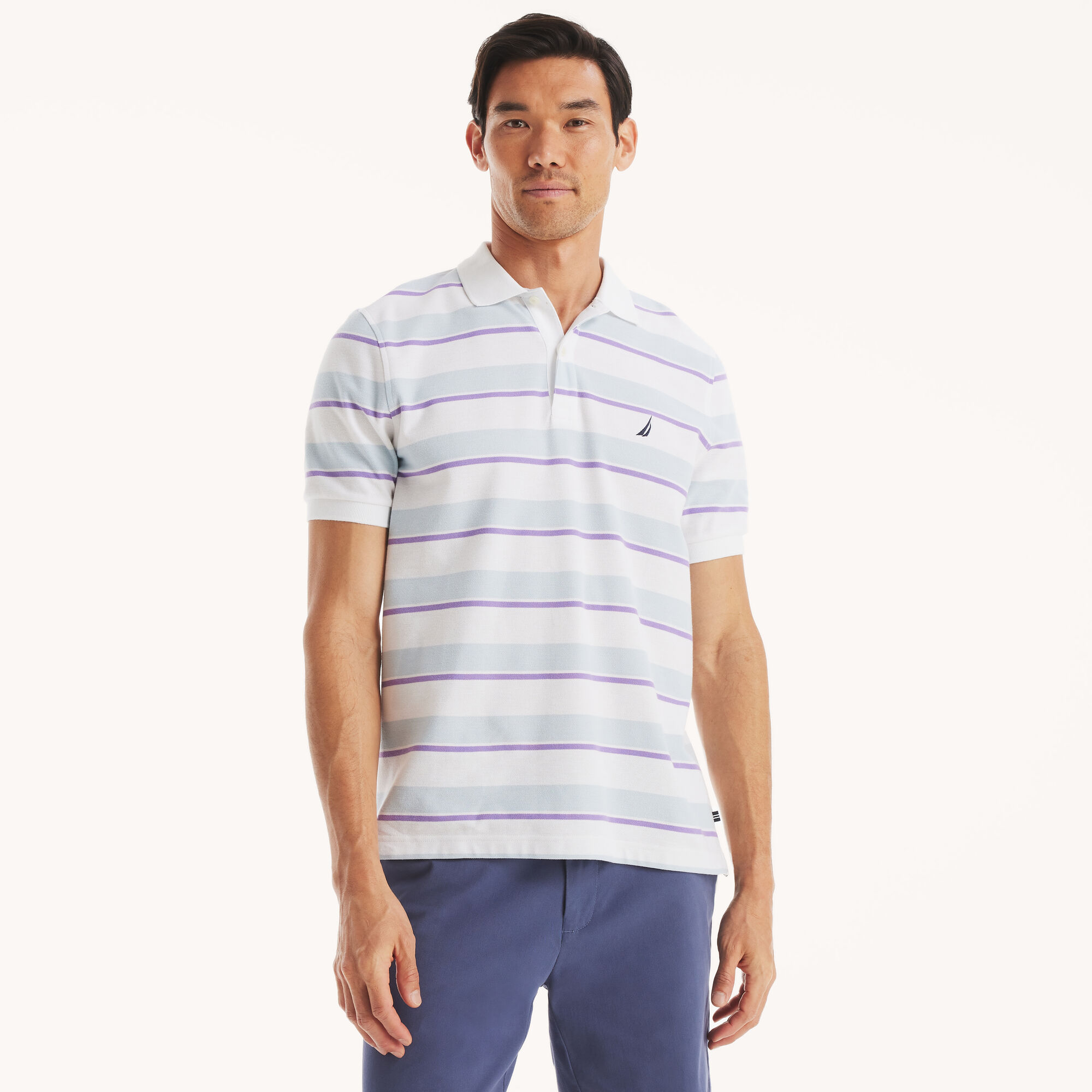 Classic Fit Striped Deck Polo,Bright White,large