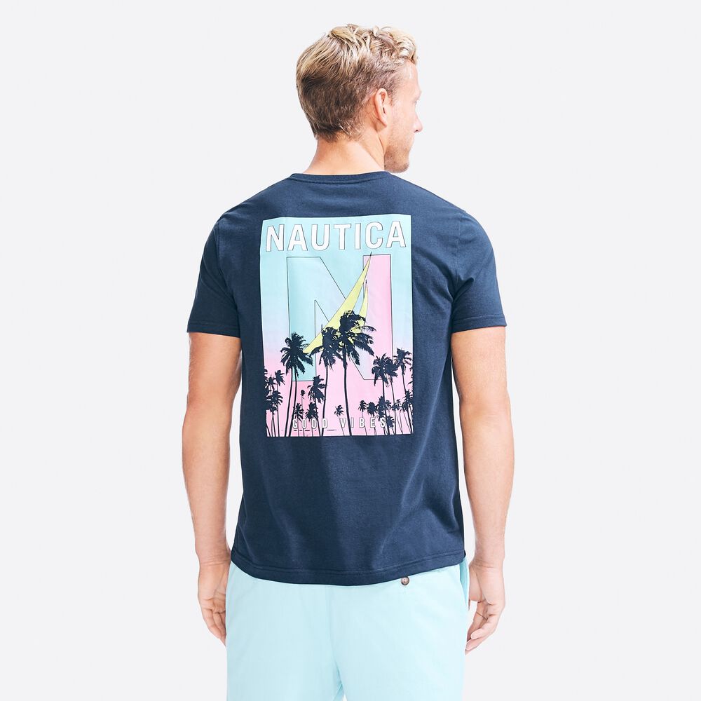 SUSTAINABLY CRAFTED GOOD VIBES GRAPHIC T-SHIRT,Navy,large
