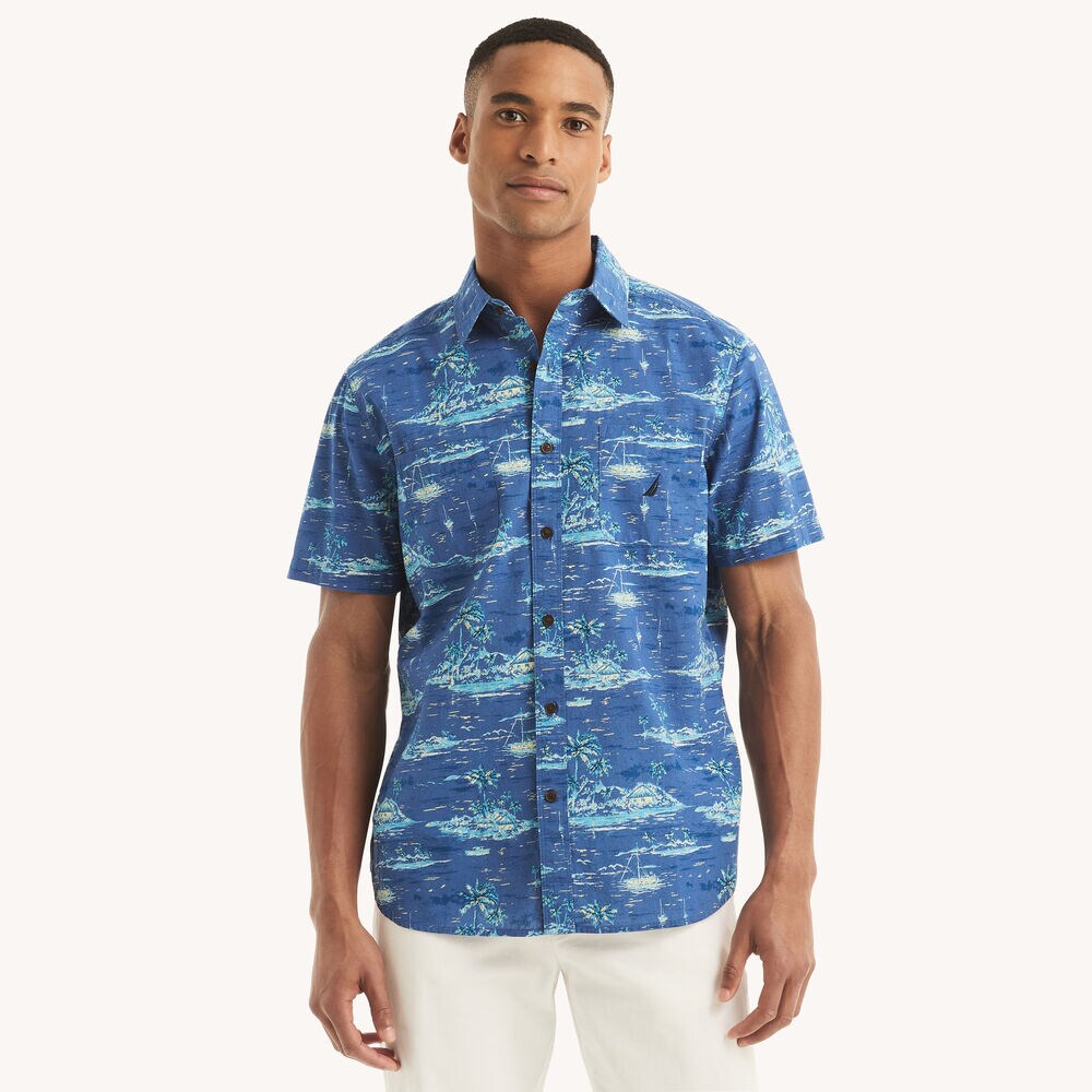 Madras Printed Short-Sleeve Shirt,Windsurf Blue,large
