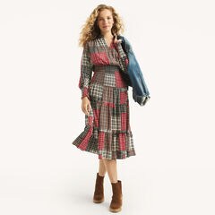 Plaid Smocked Midi Dress,True Black,large