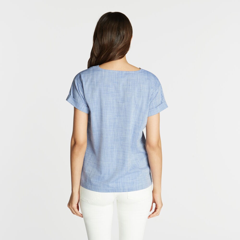 Short Sleeve Embroidered Woven Top,Deep Navy Heather,large