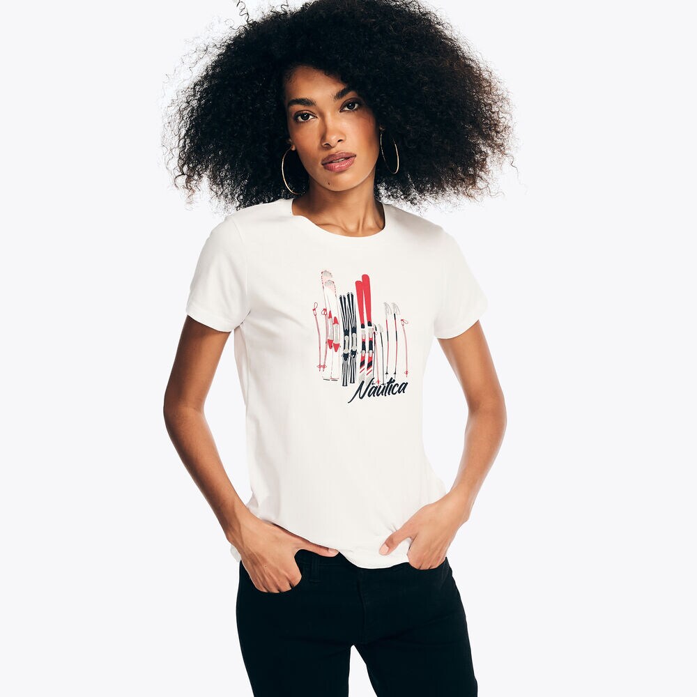 Sustainably Crafted Nautica Skiing Glitter Graphic T-Shirt,Bright White,large