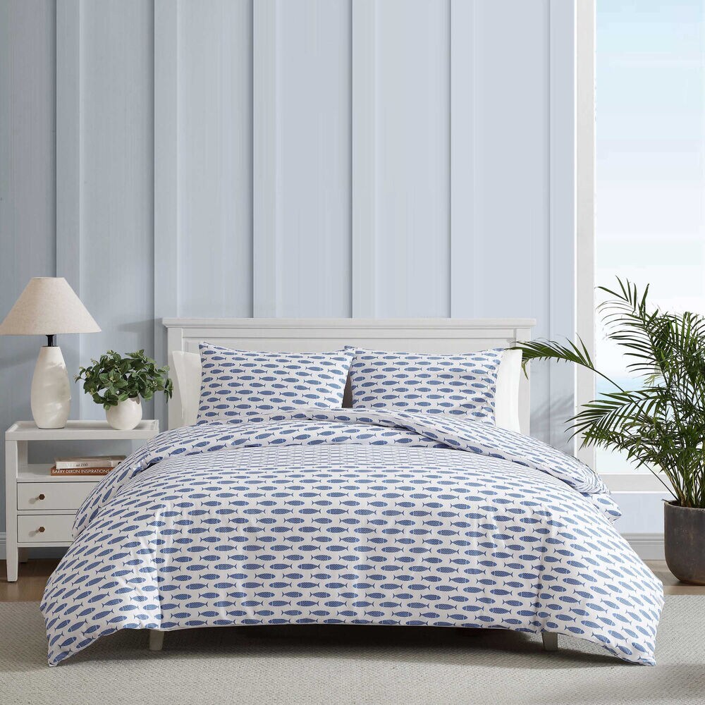 Woodblock Fish Blue Full/Queen Duvet Cover Set,Classic Blue,large