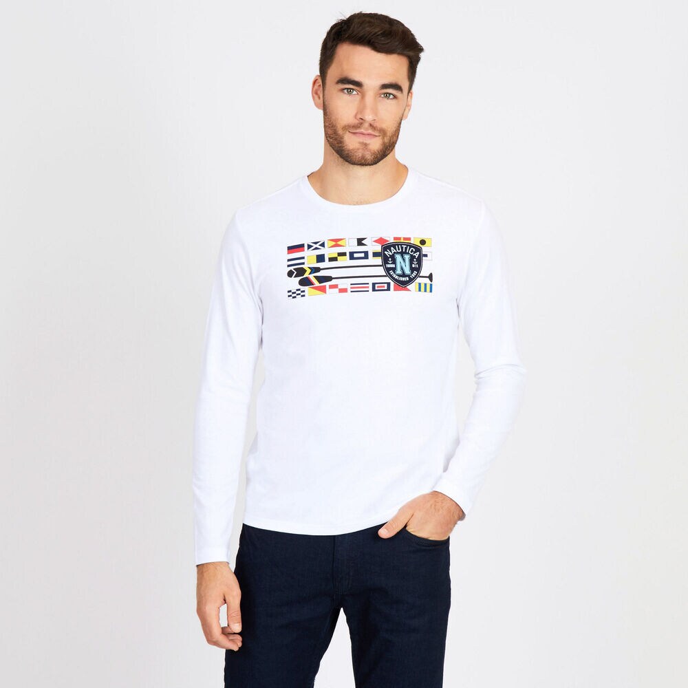 Big & Tall Flags + Oars Crewneck Long Sleeve Tee,Bright White,large