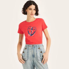 Glitter Heart Anchor Graphic T-Shirt,Tomato,large