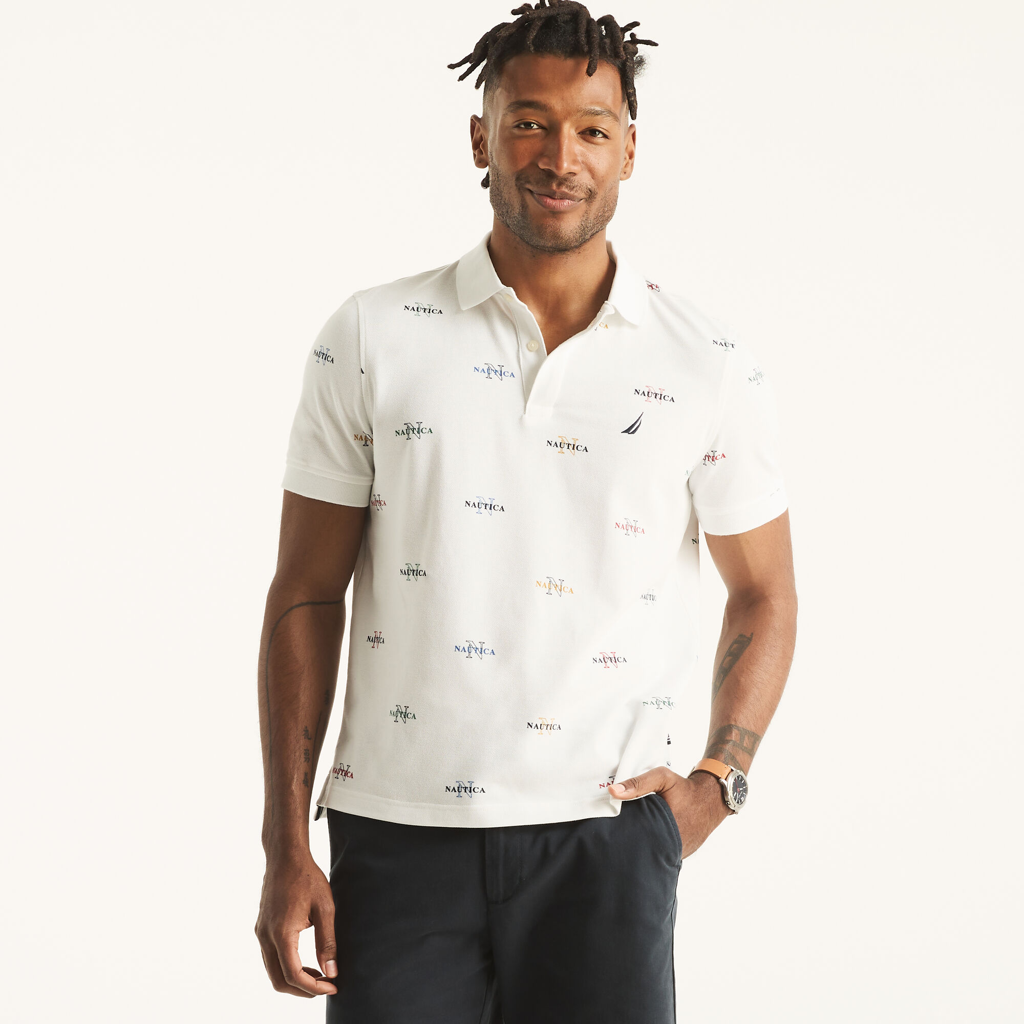 Classic Fit Printed Polo,Bright White,large