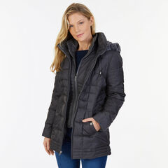 Faux Fur Hood Box Quilt Puffer Jacket,Grey Heather,large