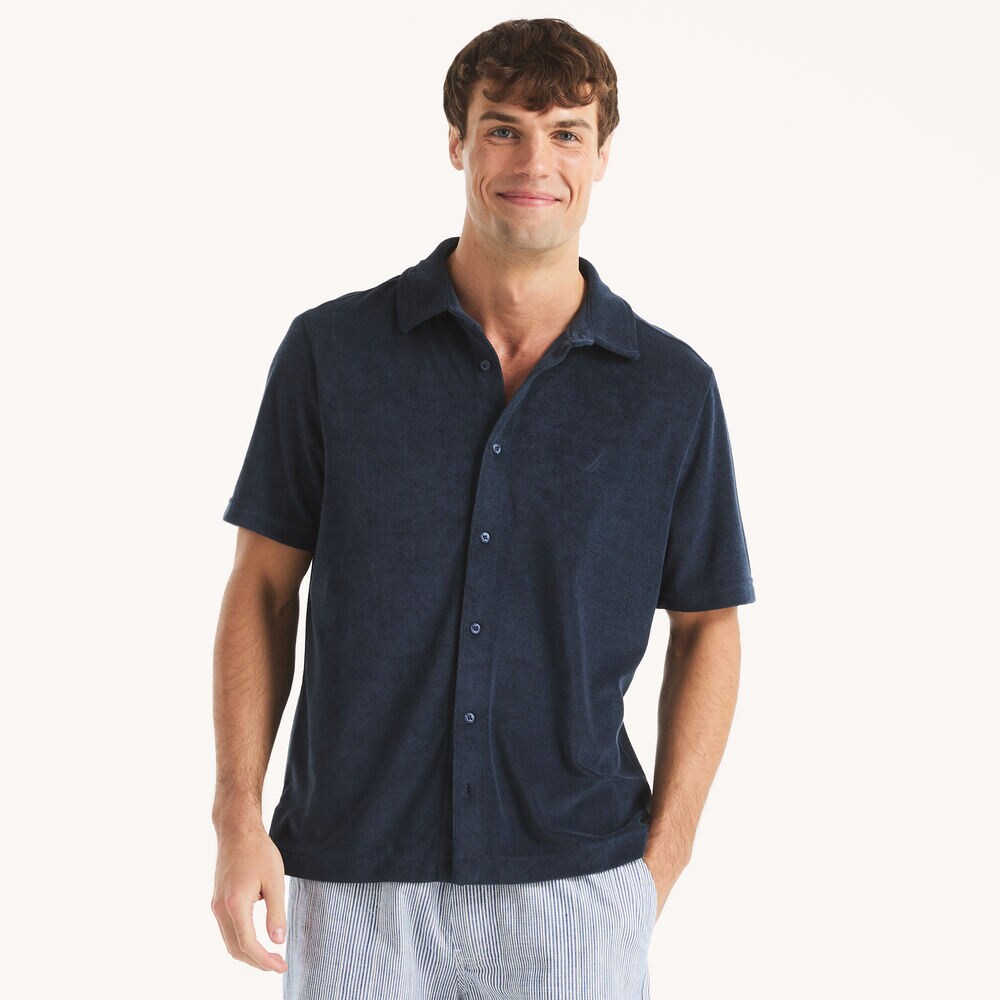 Classic Fit Button-Front Terry Polo,Stellar Blue Heather,large