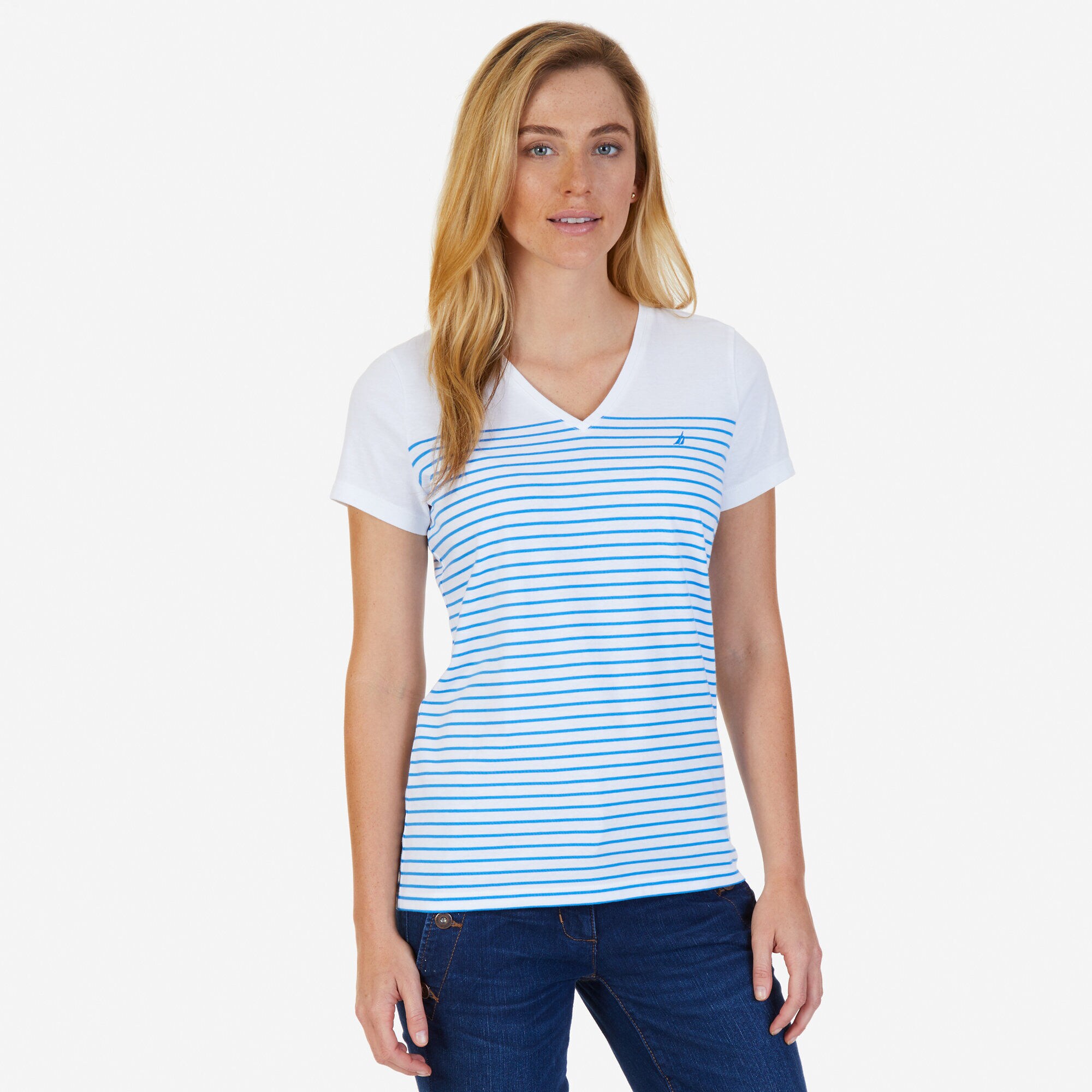 Striped V-Neck Tee,Naval Blue,large