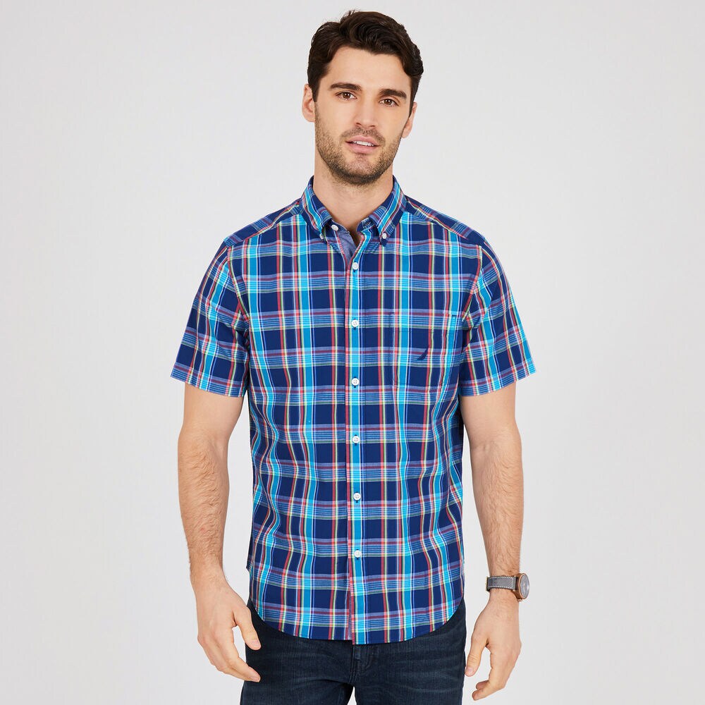 Short Sleeve Classic Fit Plaid Button Down,J Navy,large