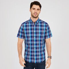 Short Sleeve Classic Fit Plaid Button Down,J Navy,large