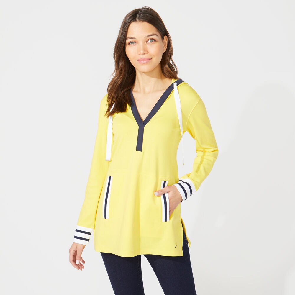SPLIT NECK PULLOVER HOODIE,Golden Apricot,large
