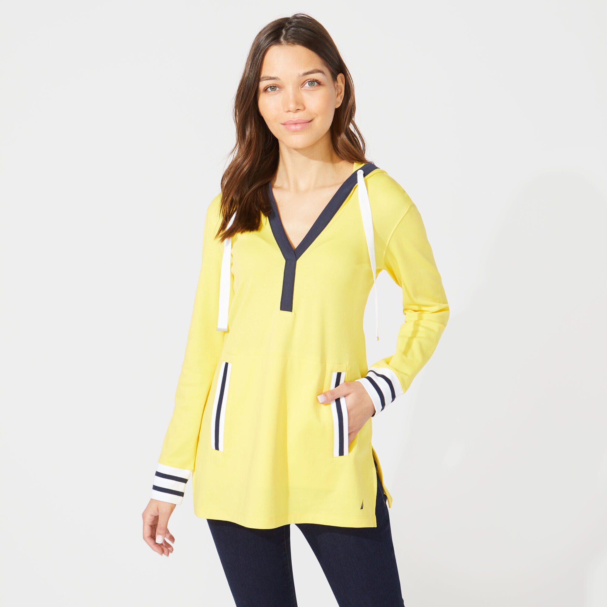 SPLIT NECK PULLOVER HOODIE,Golden Apricot,large