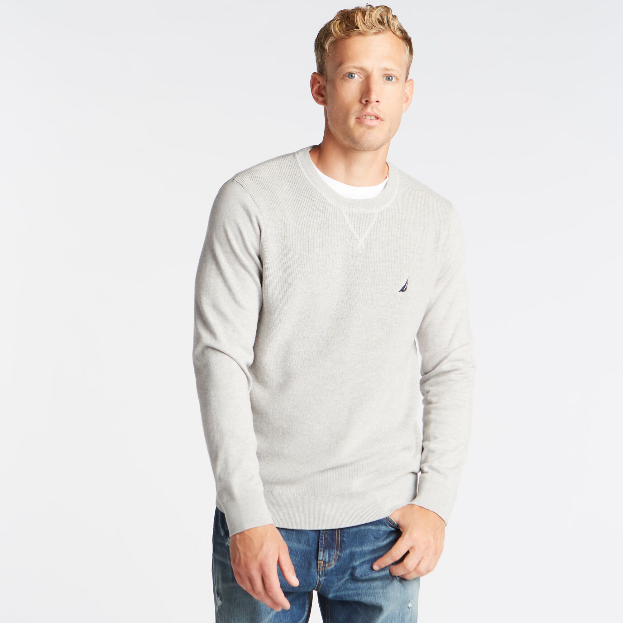 CREWNECK RIBBED FRONT SWEATER,Grey Heather,large