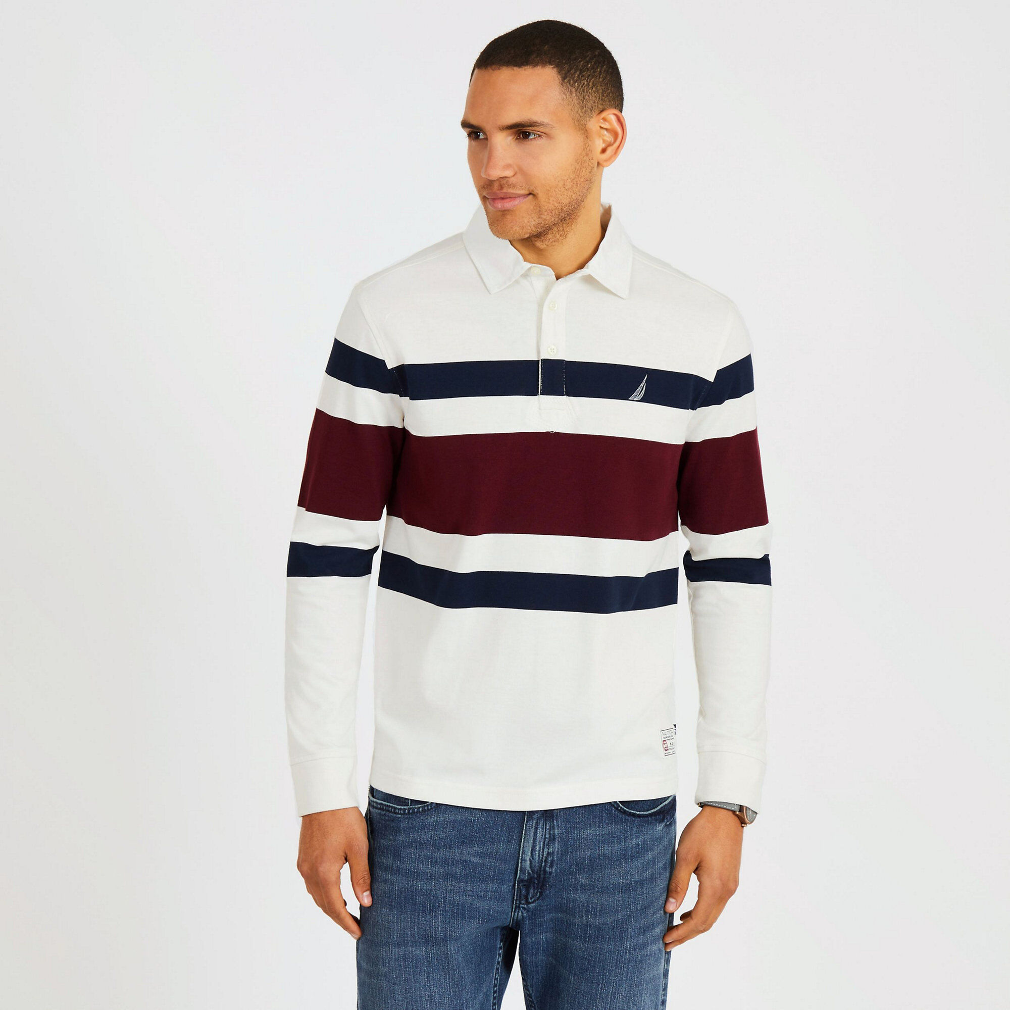 Long Sleeve Classic Fit Rugby Stripe Polo,Marshmallow,large