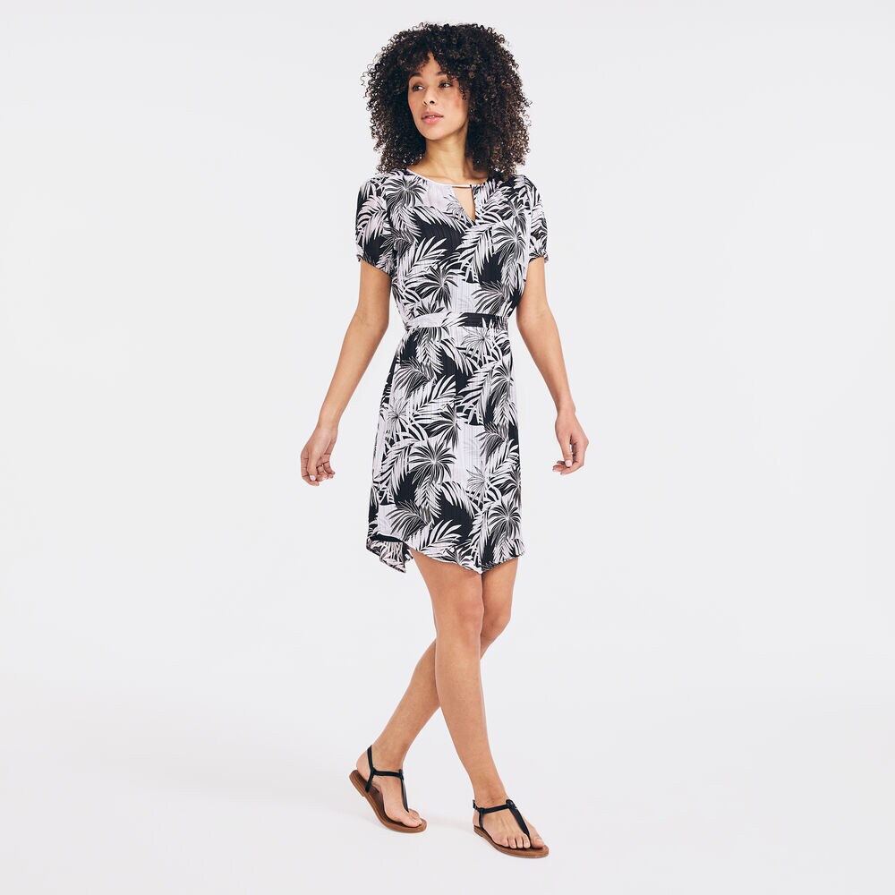 SATIN PALM TREE PRINT DRESS,True Black,large
