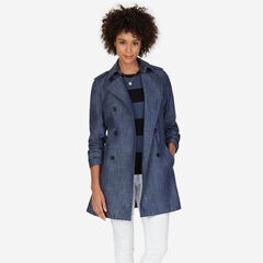 Double Breasted Chambray Trench Coat,Star Turquoise,large
